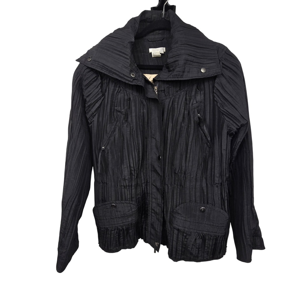 Vintage 90s Y2K UBU Pleated Jacket Womens M Black Crinkle Zip Up Artsy Coat Moto